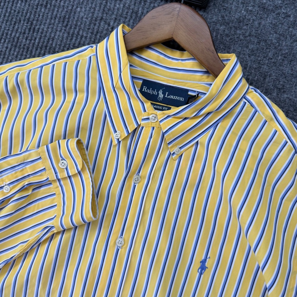 Ralph Lauren Mens XXL Classic Fit Striped Button Down Shirt Yellow Blue White